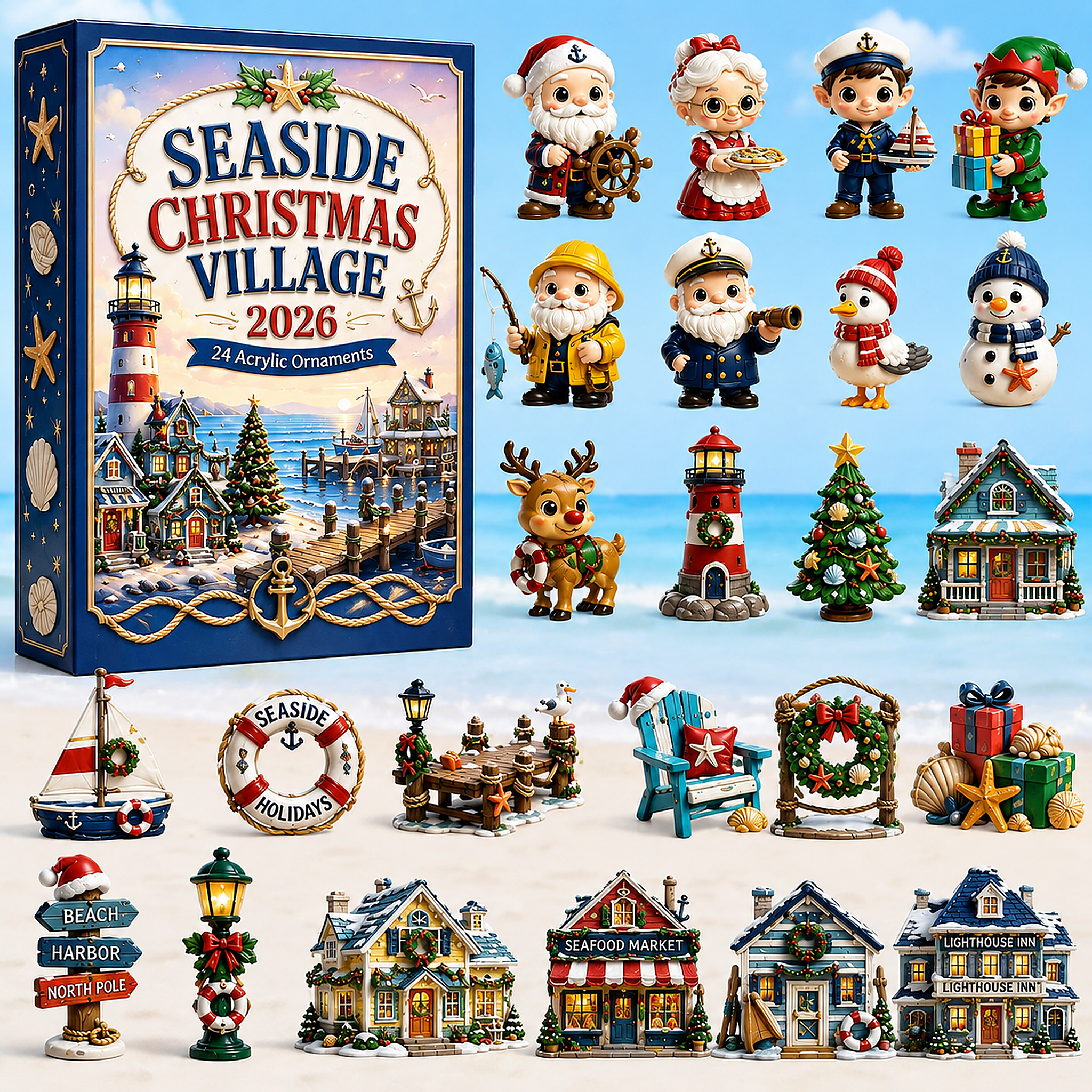 High-quality miniature model✨Seaside Christmas Village Advent Calendar 2026 - 24-Day Festive Countdown, Acrylic Charms Blind Box