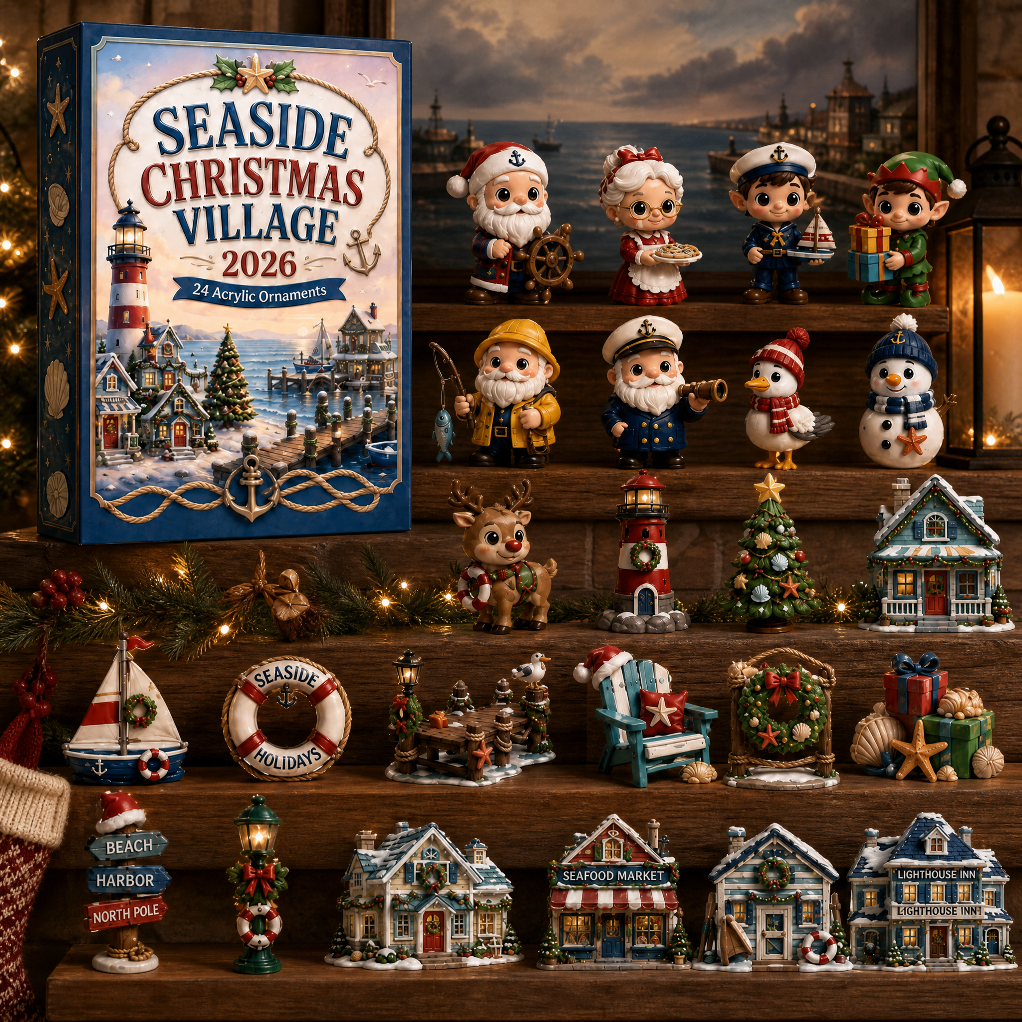 High-quality miniature model✨Seaside Christmas Village Advent Calendar 2026 - 24-Day Festive Countdown, Acrylic Charms Blind Box