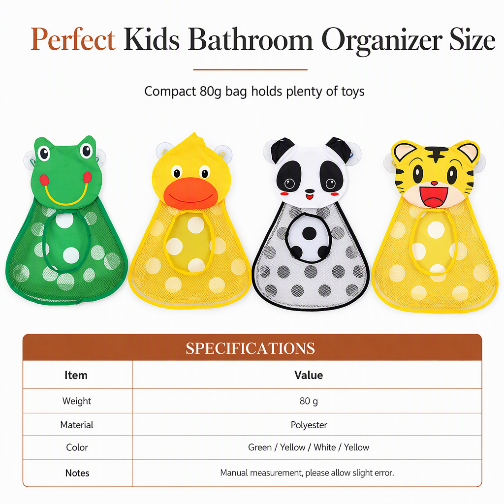 Cartoon Animal Bath Toy Organizer Mesh Storage Bag with Suction Cups for Kids Bathroom
