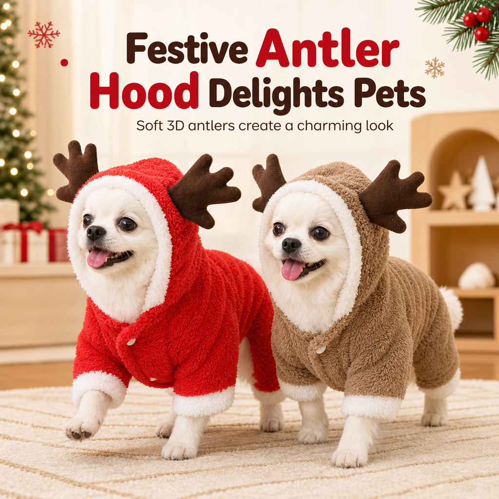 Warm Thickened Flannel Pet Jumpsuit Four Legged Christmas Reindeer Dog Clothes with Button Closure for Small Dogs and Cats