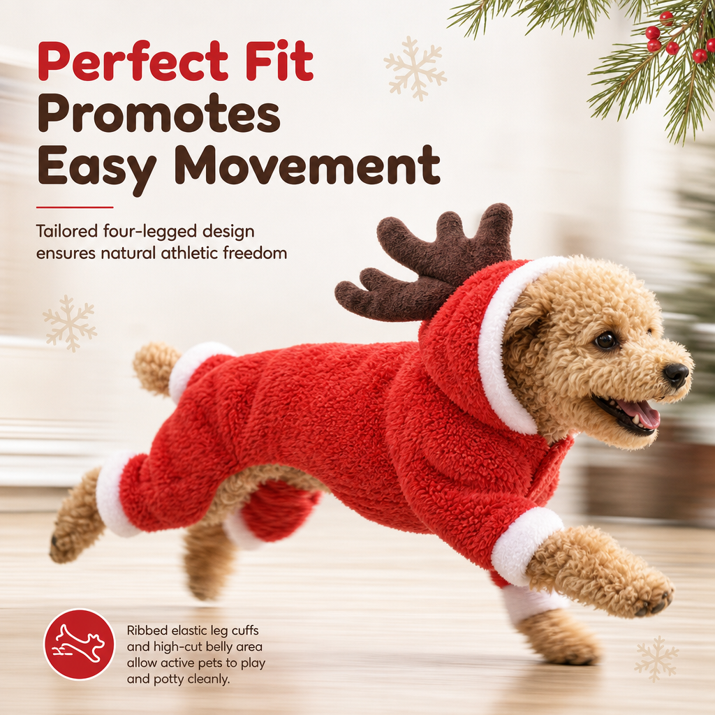 Warm Thickened Flannel Pet Jumpsuit Four Legged Christmas Reindeer Dog Clothes with Button Closure for Small Dogs and Cats