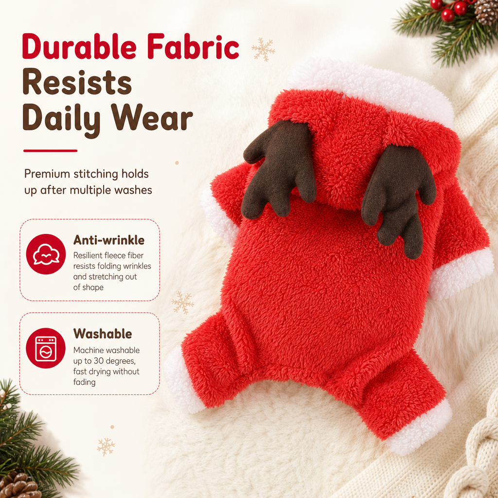 Warm Thickened Flannel Pet Jumpsuit Four Legged Christmas Reindeer Dog Clothes with Button Closure for Small Dogs and Cats