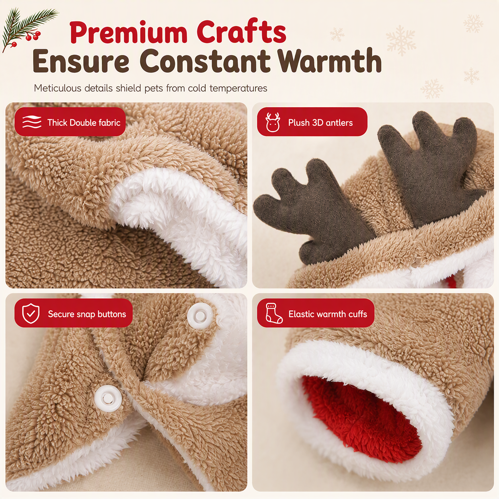Warm Thickened Flannel Pet Jumpsuit Four Legged Christmas Reindeer Dog Clothes with Button Closure for Small Dogs and Cats