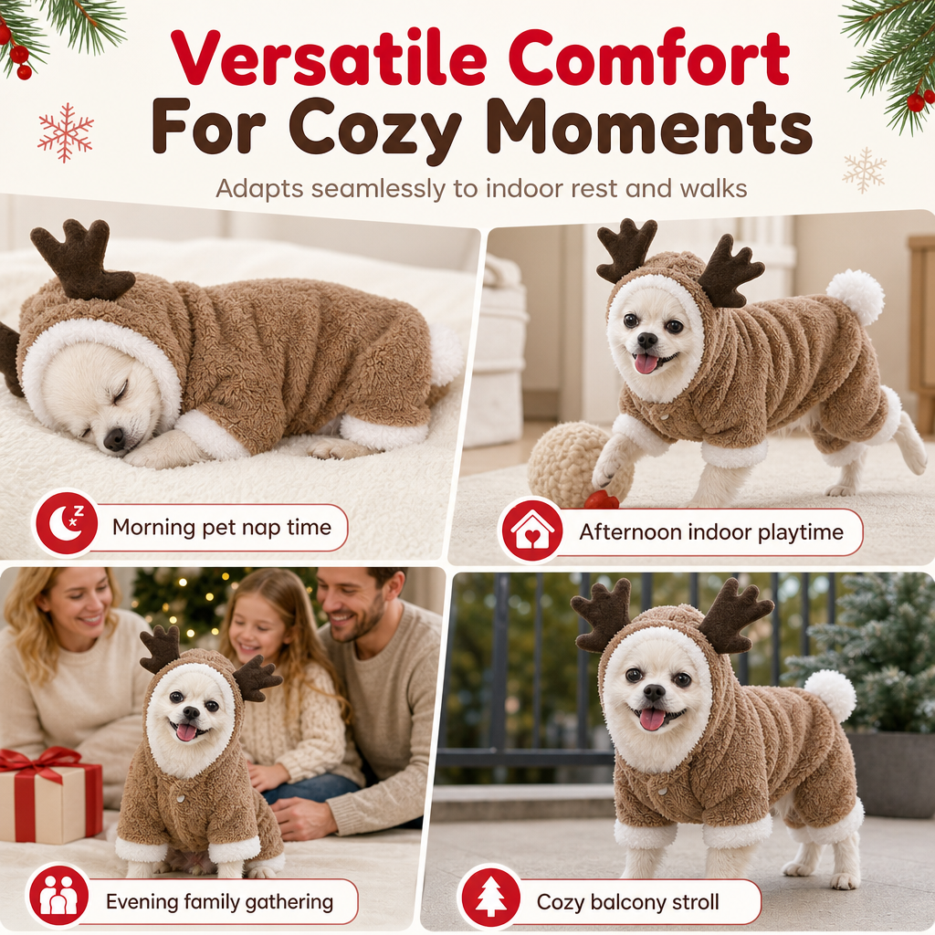 Warm Thickened Flannel Pet Jumpsuit Four Legged Christmas Reindeer Dog Clothes with Button Closure for Small Dogs and Cats