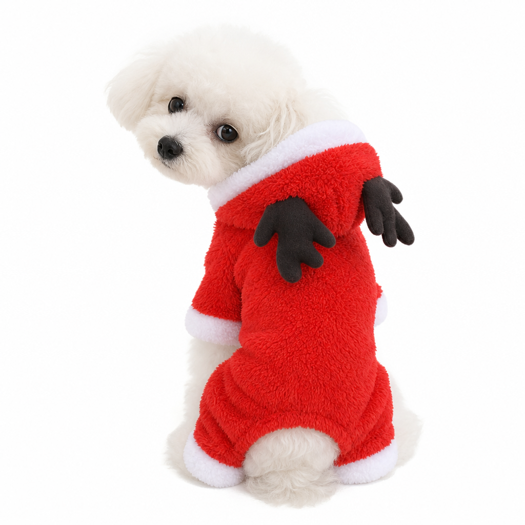 Warm Thickened Flannel Pet Jumpsuit Four Legged Christmas Reindeer Dog Clothes with Button Closure for Small Dogs and Cats